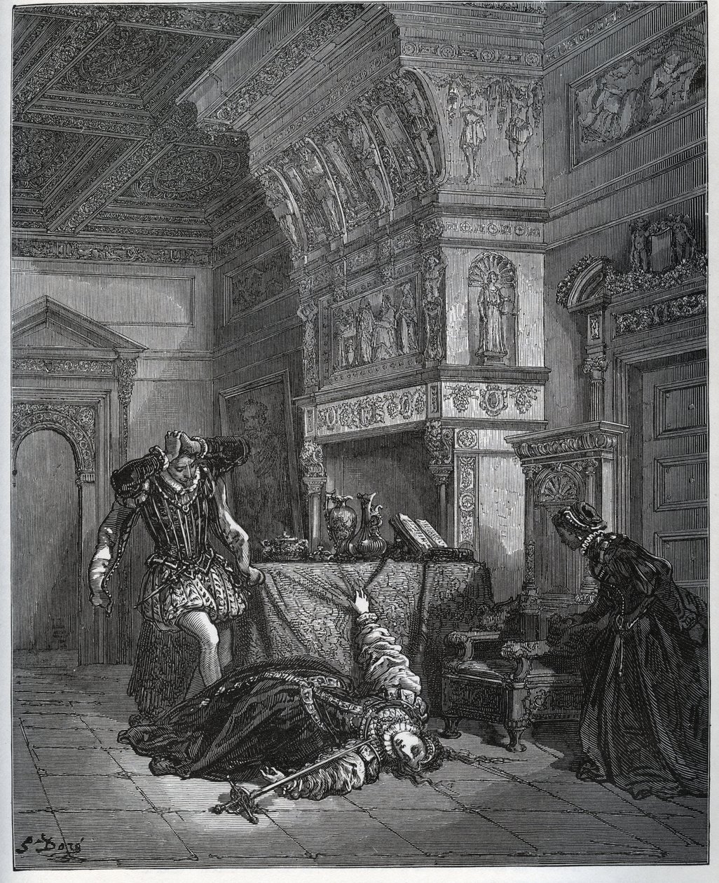 انتحار كاميل أمام لوثير وليونيلا - من "دون كيشوت دي لا مانشا" لميغيل سيرفانتس (1547-1616) (دون كيشوت) - نقش خشبي بعد رسم غوستاف دوري بواسطة غوستاف دور