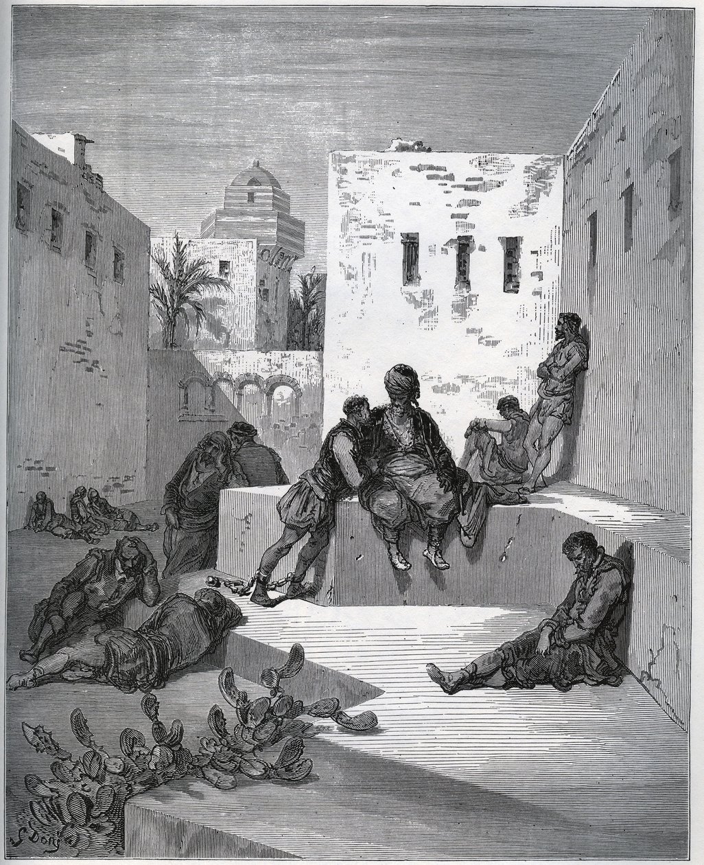 قصة أسيرة. فناء فندق bagne d'Algiers حيث يطلب الأسير خدمة إلى الأسير المتمرد - من "" Don Quixote de la Mancha "لميغيل سيرفانتس (1547-1616) (دون كيشوت) - نقش خشبي بعد الرسم بواسطة غوستاف دوري بواسطة غوستاف دور