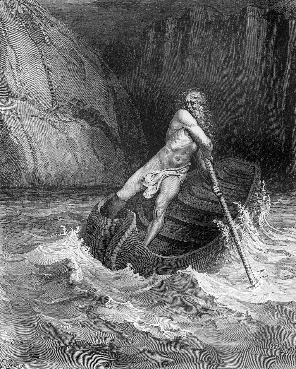 تشارون ، رجل الجحيم ، من الكوميديا الإلهية (الجحيم) لدانتي أليغييري (1265-1321) منقوش بواسطة ستيفان بانيميكر (1847-1930) ج. بواسطة غوستاف دور