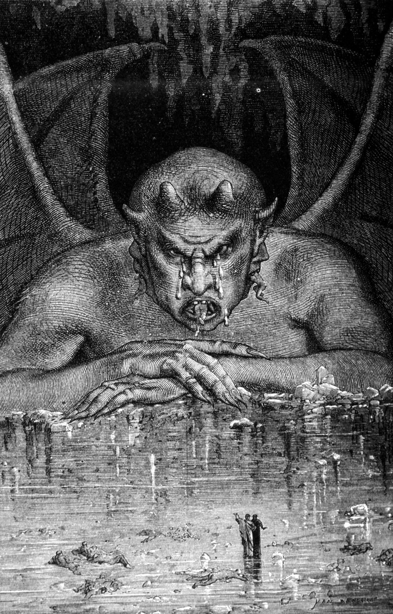Dante et Virgil traverse les enfell في الكوميديا الإلهية لدانتي أليغيري (1265 - 1321): الشيطان يلتهم الرقصات. نقش لجوستاف دوريه. القرن ال 19. بواسطة غوستاف دور