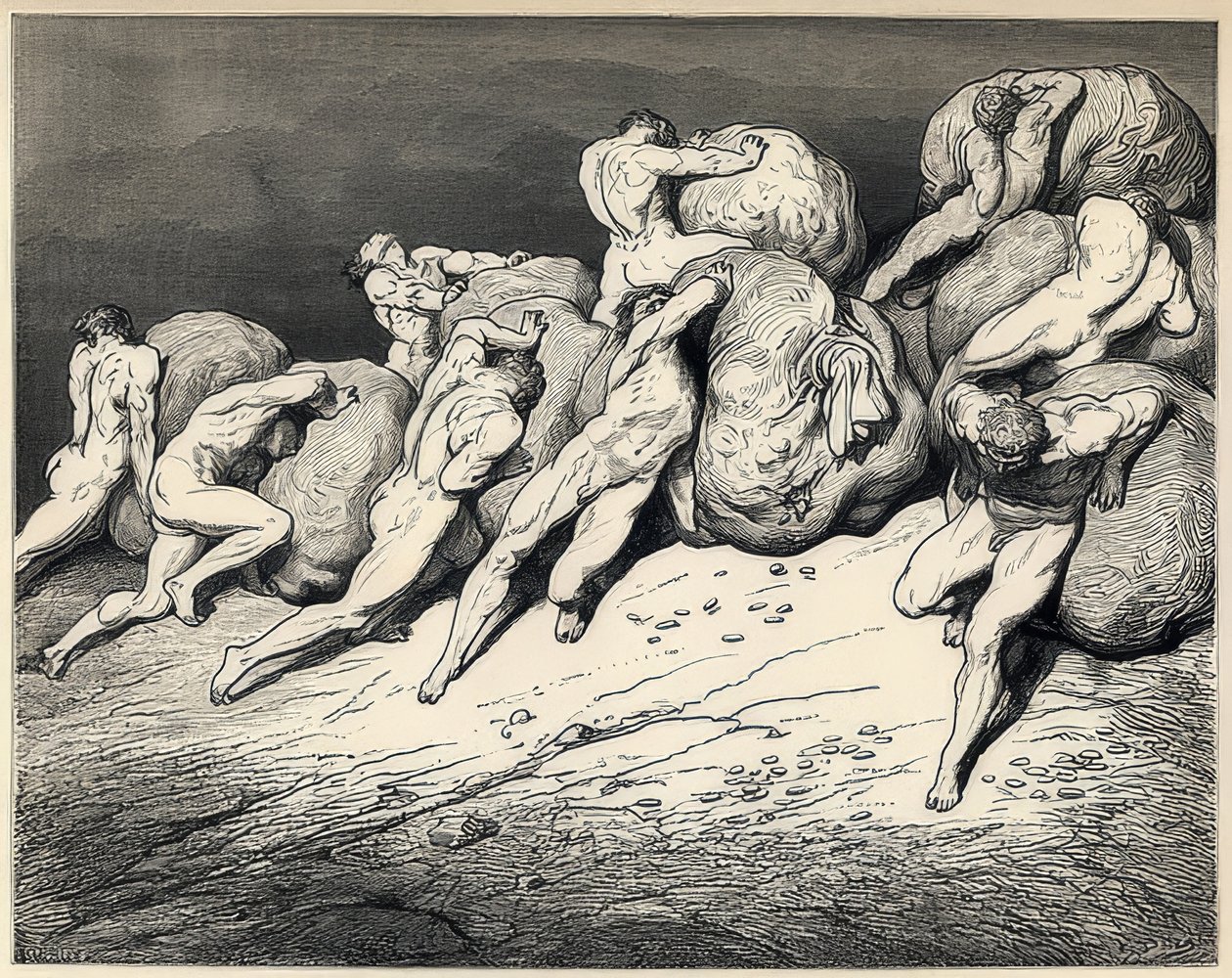 أرواح المبذرون والبؤساء. رسم توضيحي للكوميديا الإلهية لدانتي أليغييري. حوالي عام 1857 بواسطة غوستاف دور