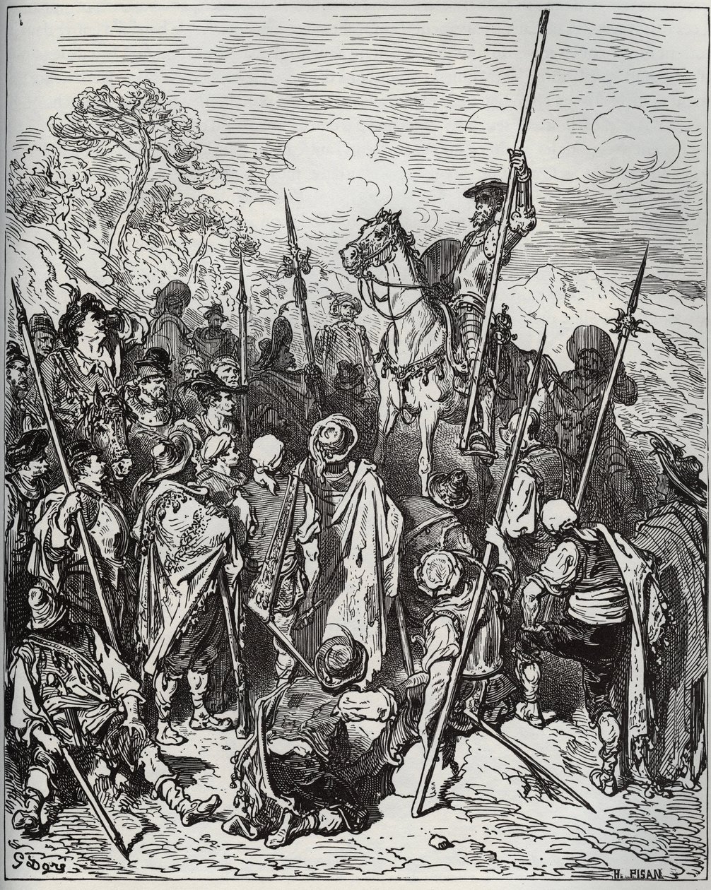 دون كيخوت وسانشو مع سرب من القرويين النهيقين - من "دون كيشوت دي لا مانشا" لميغيل سيرفانتس (1547-1616) (دون كيشوت) - نقش خشبي بعد رسم غوستاف دوري بواسطة غوستاف دور