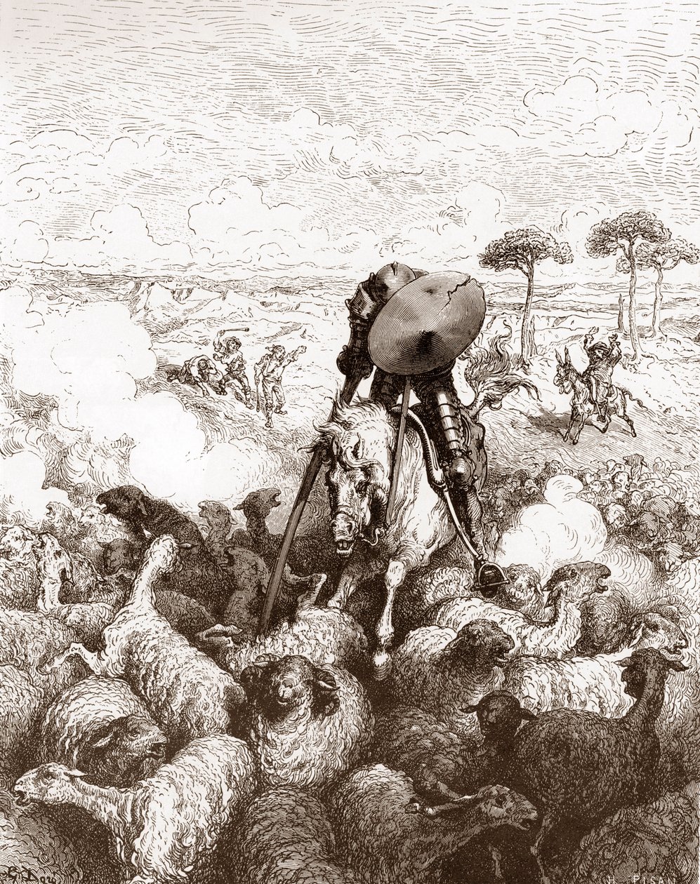 يهاجم دون كيشوت قطيع الغنم لنقش غوستاف دوري (1832-1883) لـ "إنجينيو هيدالجو دون كيشوت دي لا مانشا (كيشوت - كيشوت)" لميغيل دي سيرفانتس (1547-1616) 1863 مجموعة خاصة بواسطة غوستاف دور