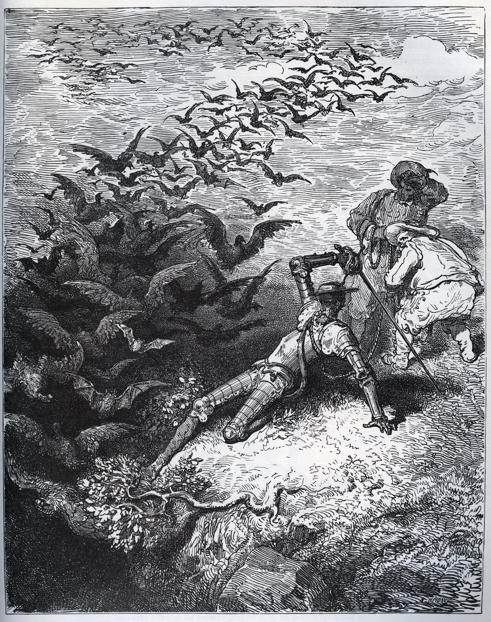 Don Quixote a la cave de Montesinos - يطير عدد لا حصر له من الغربان والغربان من كهف مونتيسينوس ، ويطرح دون كيخوت على الأرض (II ، 22) - من "" Don Quixote de la Mancha "" لميغيل سيرفانتس (1547- 1616) (دون كيشوت) - نقش خشبي بعد الرسم بواسطة غوستاف دور