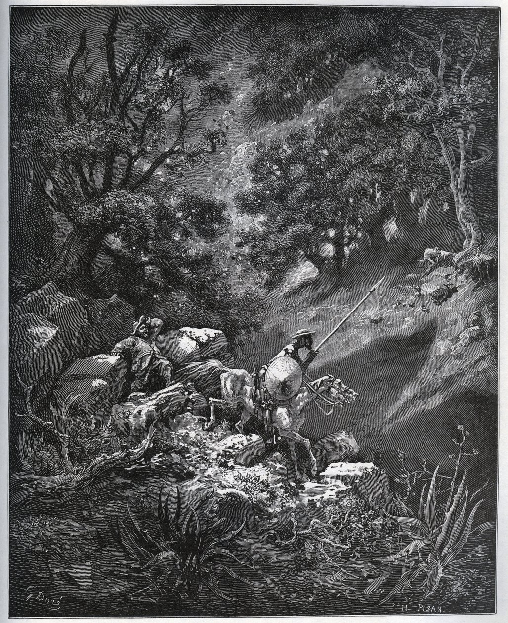 يواصل دون كيشوت وسانشو بانزا رحلتهم في سييرا مورينا بحثًا عن Deguenille-de-la-Malaise-Mine - من "Don Quixote de la Mancha" لميغيل سيرفانتس (1547-1616) (دون كيشوت) - نقش خشبي بعد الرسم بواسطة غوستاف دوري بواسطة غوستاف دور
