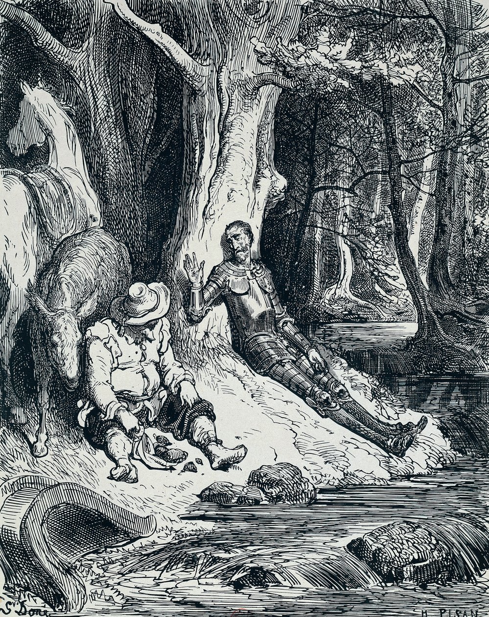 دون كيشوت وسانشو بانزا في الرسم التوضيحي ، بقلم غوستاف دوري (1832-1883) من أجل دون كيشوت ، بقلم ميغيل دي سيرفانتس سافيدرا (1547-1616) بواسطة غوستاف دور