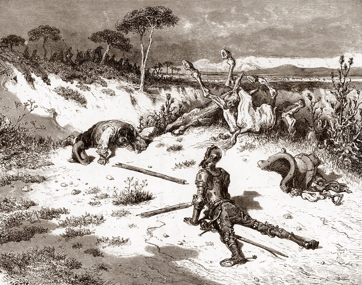 دون كيشوت وسانشو بانزا بعد المشاجرة مع الحراس والمجرمين نقش لغوستاف دوري (1832-1883) لـ "لانجينيو هيدالجو دون كيشوت دي لا مانشا (كيشوت - كويجوت)" بقلم ميغيل دي سيرفانتس (1547-1616) 1863 خاص مجموعة بواسطة غوستاف دور