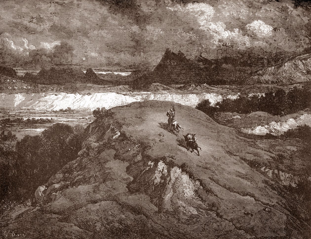 دون كيشوت وسانشو بانزا يقتربان من سييرا مورينا نقش لغوستاف دوري (1832-1883) لـ "لانجينيو هيدالجو دون كيشوت دي لا مانش (كيشوت - كيشوت)" لميغيل دي سيرفانتس (1547-1616) مجموعة خاصة 1863 بواسطة غوستاف دور