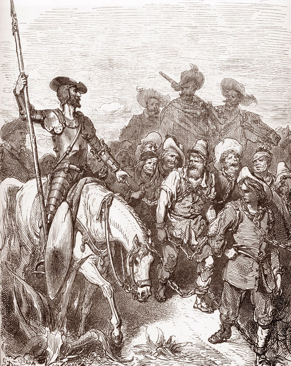يستجوب دون كيشوت وسانشو بانزا المجرمين الذين يقودون إلى نقش القوادس بواسطة غوستاف دوري (1832-1883) من أجل "لانجينيو هيدالجو دون كيشوت دي لا مانشا (كيشوت - كويجوت)" بقلم ميغيل دي سيرفانتس (1547-1616) 1863 خاص مجموعة بواسطة غوستاف دور