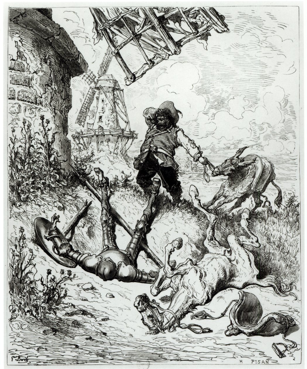 دون كيشوت وطواحين الهواء ، من "دون كيشوت دي لا مانشا" بقلم ميغيل سرفانتس (1547-1616) منقوش بواسطة هيليودور جوزيف بيسان (1822-90) بواسطة غوستاف دور