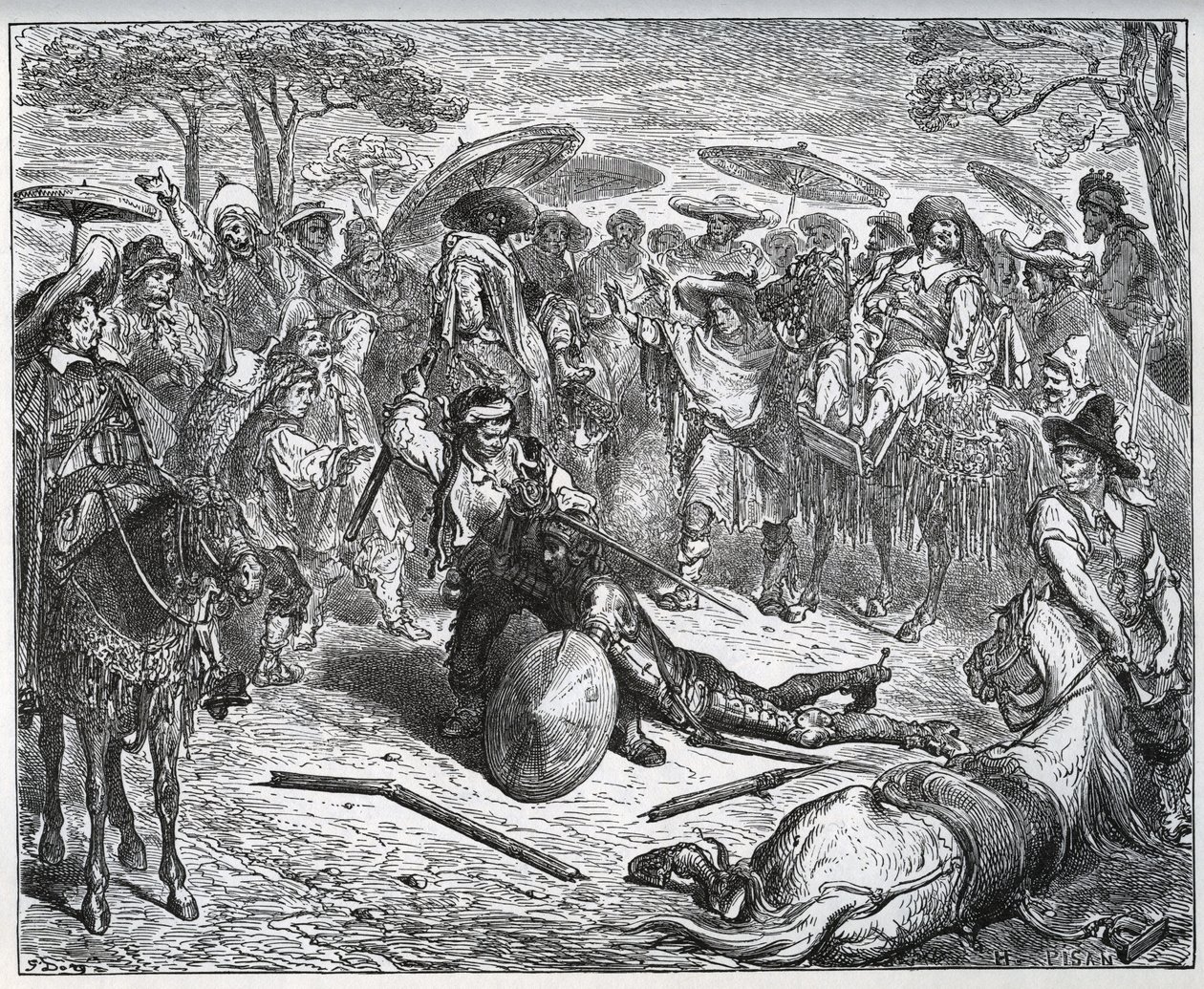 ضرب دون كيشوت وسط مجموعة من التجار - كان صانع البغال قد تذوق طعم اللعبة - من "Don Quixote de la Mancha" لميغيل سيرفانتس بواسطة غوستاف دور