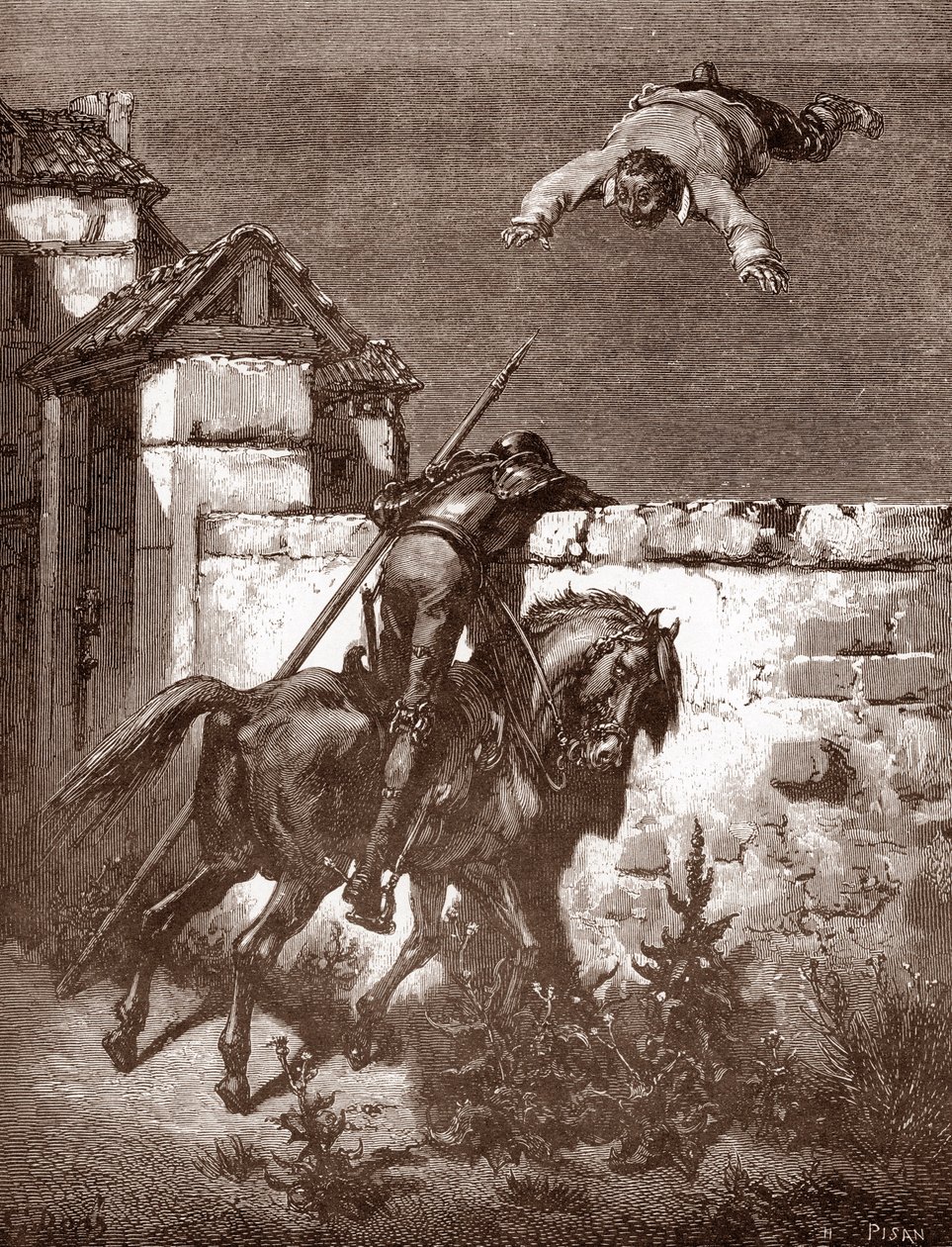 فشل Don Quixote في إيقاف قاذفي Sancho Panca الذين جعلوه يقفز على بطانية (تفشل عروض Don Quixote في التأثير على القاذفات) نقش Gustave Dore (1832-1883) لـ L