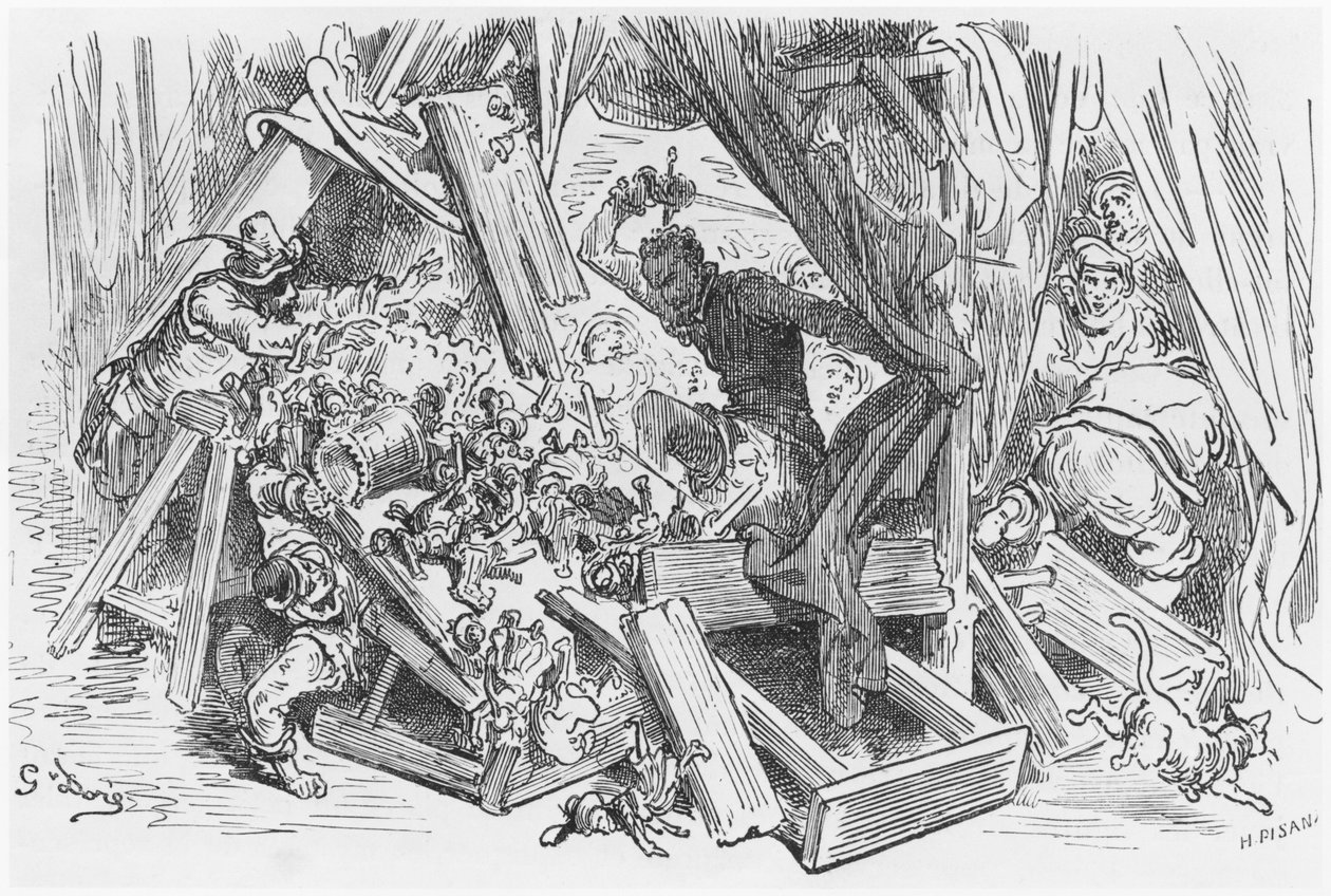 دون كيشوت يحارب الدمى ، رسم توضيحي من "دون كيشوت دي لا مانشا" بقلم ميغيل سرفانتس (1547-1616) منقوش بواسطة هيليودور جوزيف بيسان (1822-90) بواسطة غوستاف دور