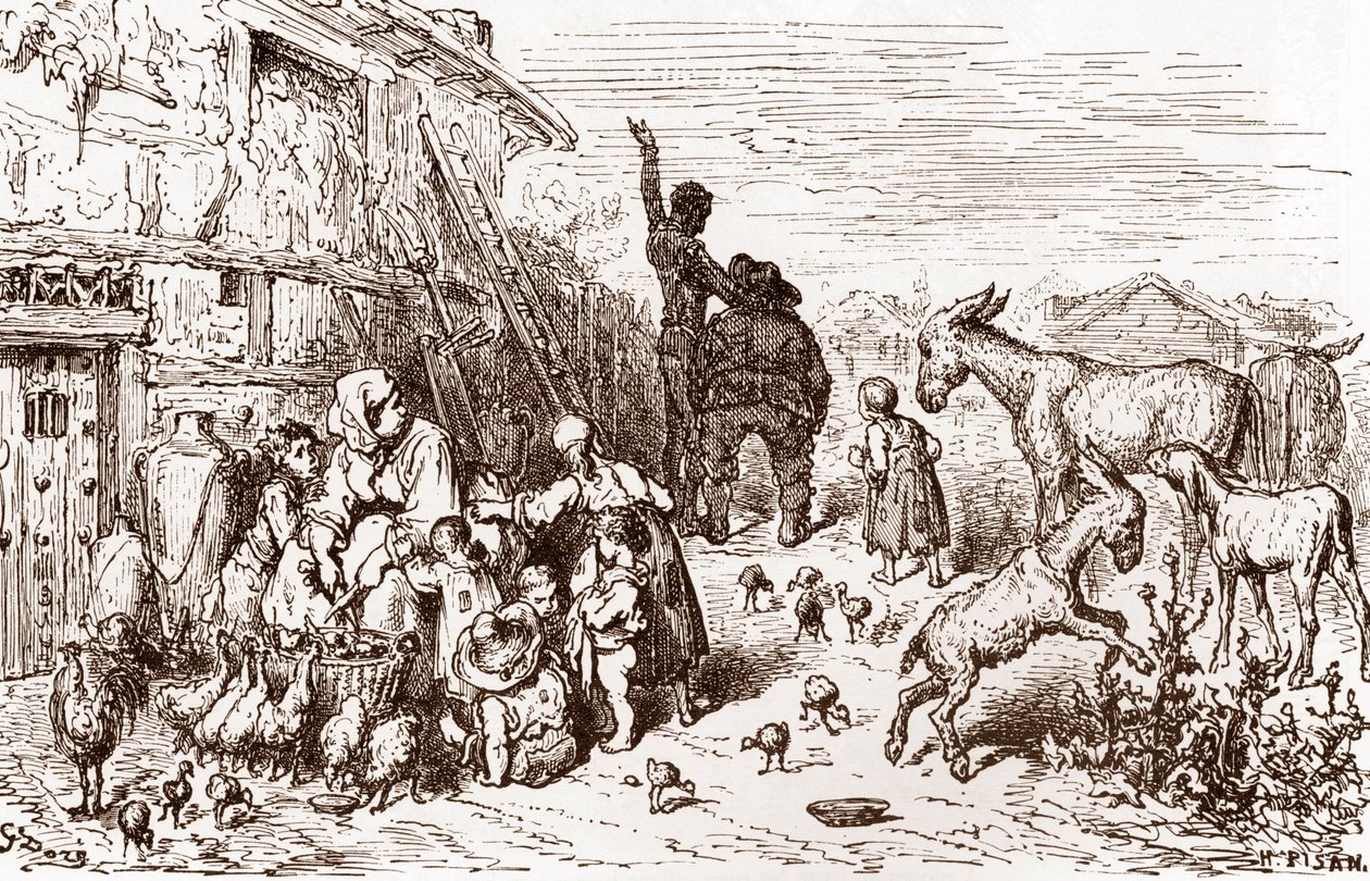 يقنع دون كيشوت جاره سانشو بانزا بأن يصبح نقشه غوستاف دوري (1832-1883) عن "لانجينيو هيدالجو دون كيشوت دي لا مانش (كيشوت - كويجوت)" لميغيل دي سيرفانتس (1547-1616) مجموعة خاصة 1863 بواسطة غوستاف دور