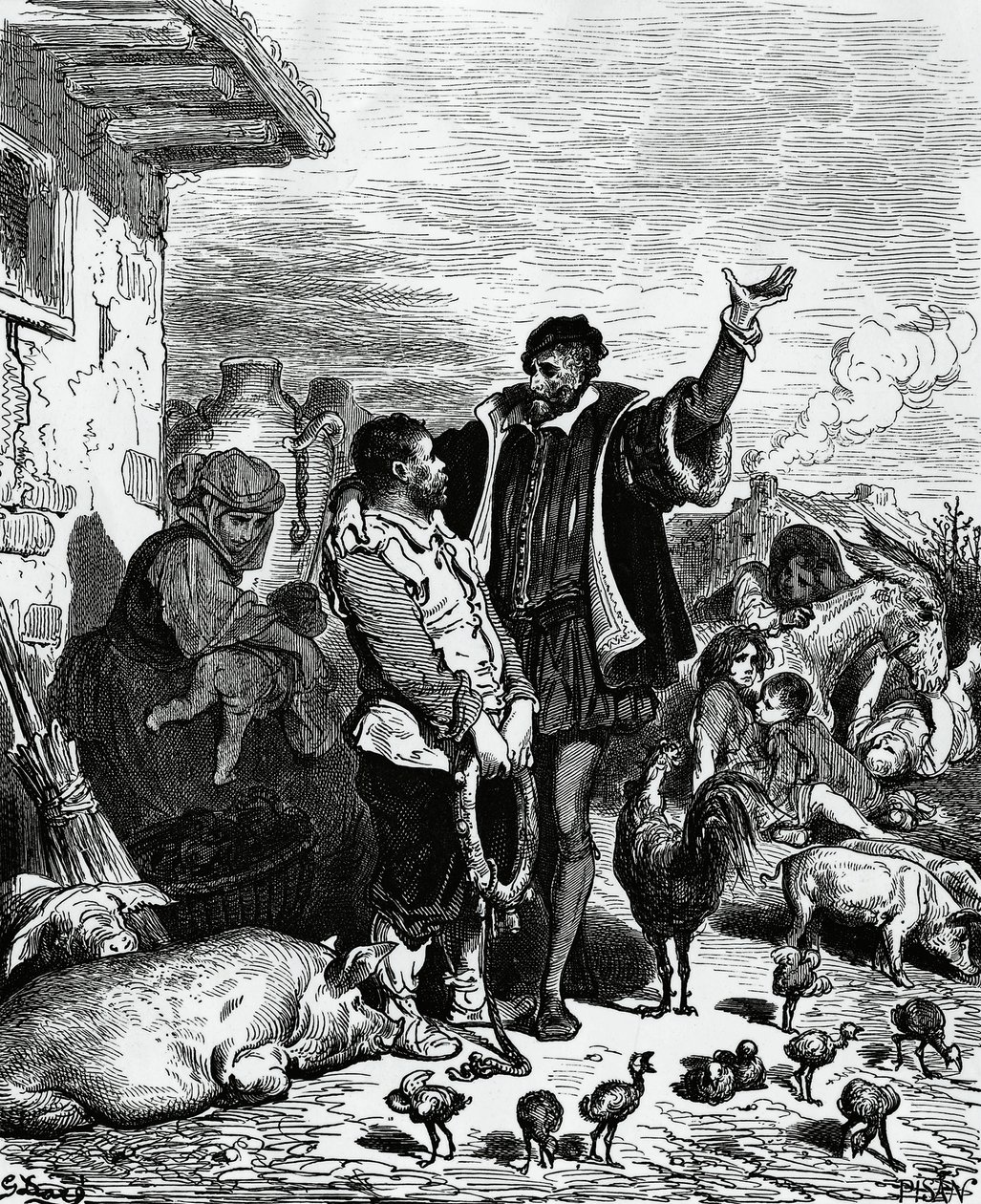 دون كيشوت يأخذ سانشو بانزا من منزله وينطقه حاكمًا ، رسم توضيحي لـ Gustave Dore '(1832-1883) لطبعة 1880 من دون كيشوت بقلم ميغيل دي سيرفانتس سافيدرا (1547-1616) بواسطة غوستاف دور