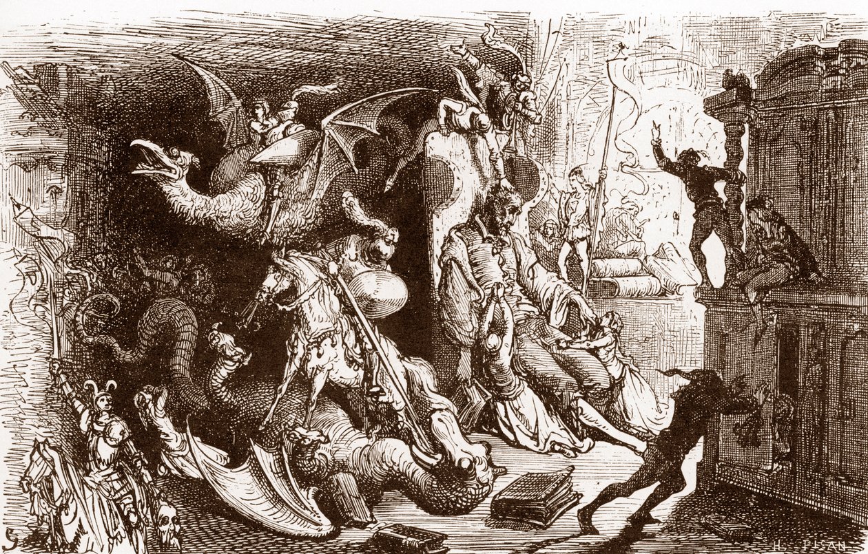 لا يفكر دون كيشوت إلا في الأعمال الفارسية التي نقشها غوستاف دوري (1832-1883) لـ "L