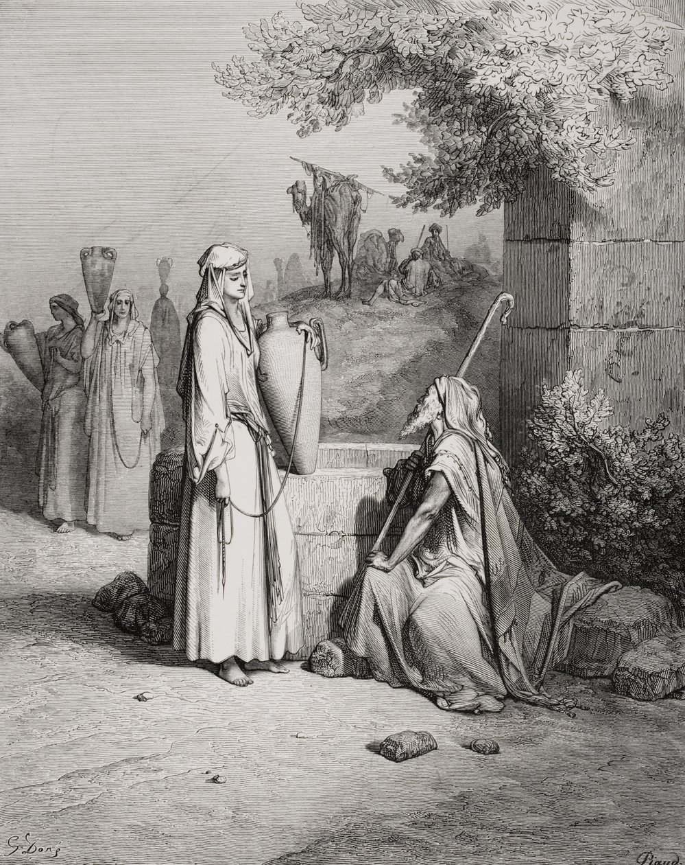 إليعيزر وربيكة ، تكوين 24: 15-21 ، صورة من كتاب "دور" للكتاب المقدس ، نقش عليه بياود ، 1866 بواسطة غوستاف دور