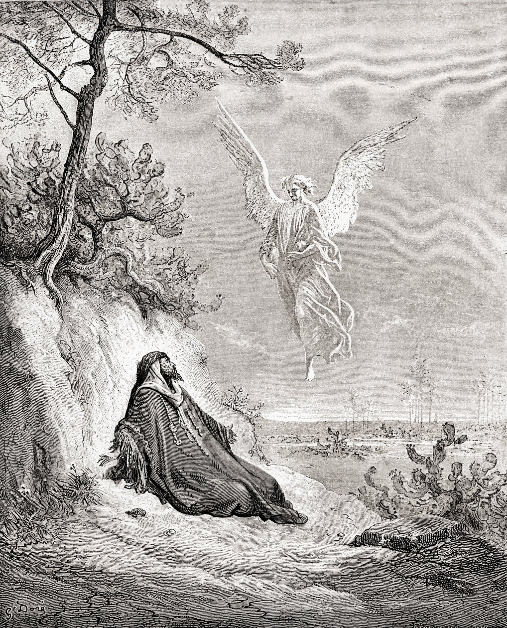 إيليا تغذى على يد ملاك. بعد عمل من الكتاب المقدس لجوستاف دوري. من Life and Reminiscences of Gustave Dore ، نُشر عام 1885. بواسطة غوستاف دور