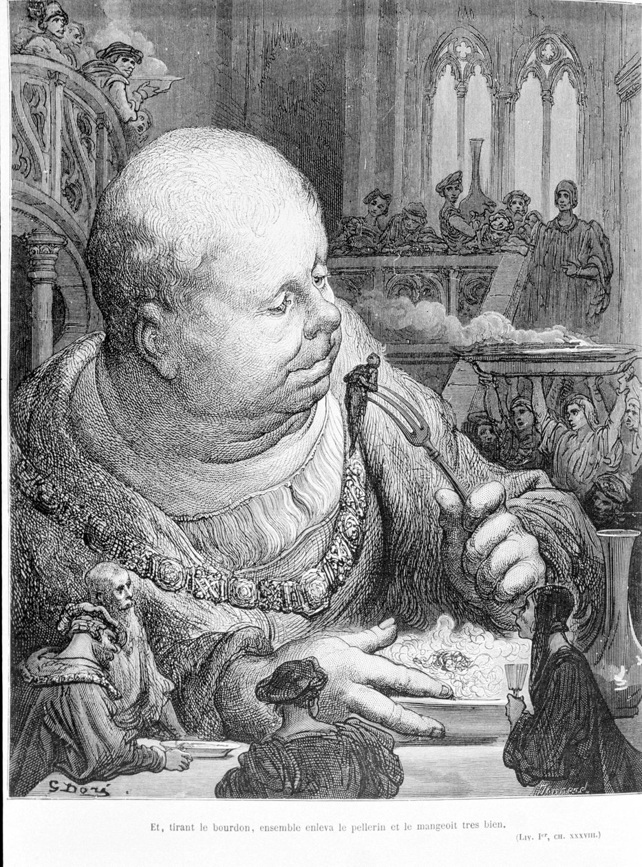 مقتطف من Gargantua (1534) بواسطة François Rabelais (1483 - 1553): وبعد سحب النحلة الطنانة ، أزل البيليرين معًا وأكله جيدًا. نقش لغوستاف دوري (1823-1883) بواسطة غوستاف دور