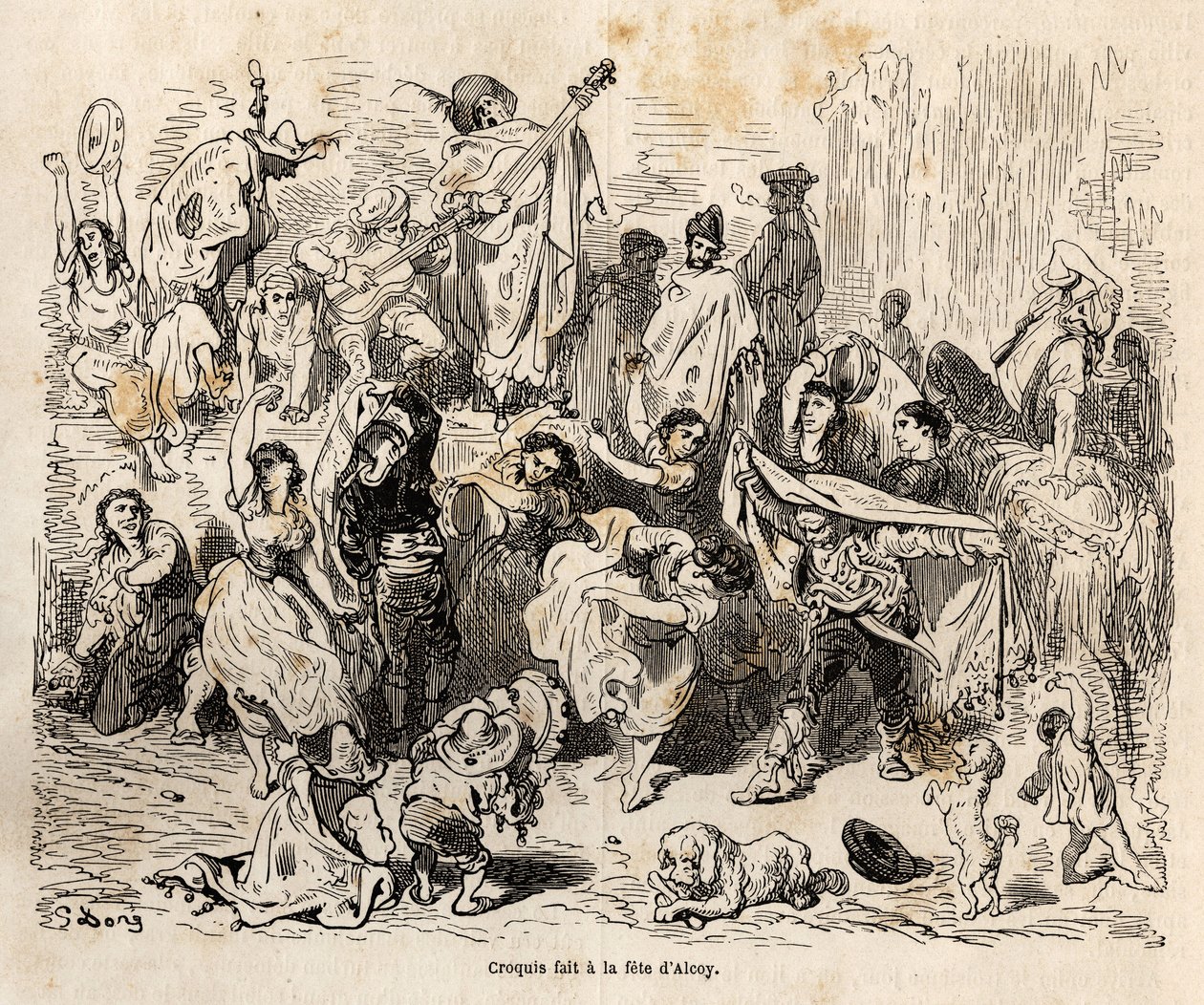 أعياد القديس جورج ، راعي مدينة ألكوي ، رسم تخطيطي لحيوية غوستاف دوري (1832-1883) ، لتوضيح رحلته إلى إسبانيا ، في عام 1862 ، مع الفصل. دافيلير. نقش في "" Le Tour du monde "، تحرير إدوارد شارتون بواسطة غوستاف دور