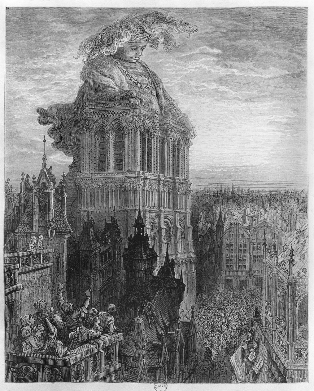 Gargantua على أبراج Notre-Dame في باريس ، رسم توضيحي من "Gargantua" لفرنسوا رابيليه (1494-1553) منقوش بواسطة Pannemaker (النقش) (وزن الجسم صورة) بواسطة غوستاف دور