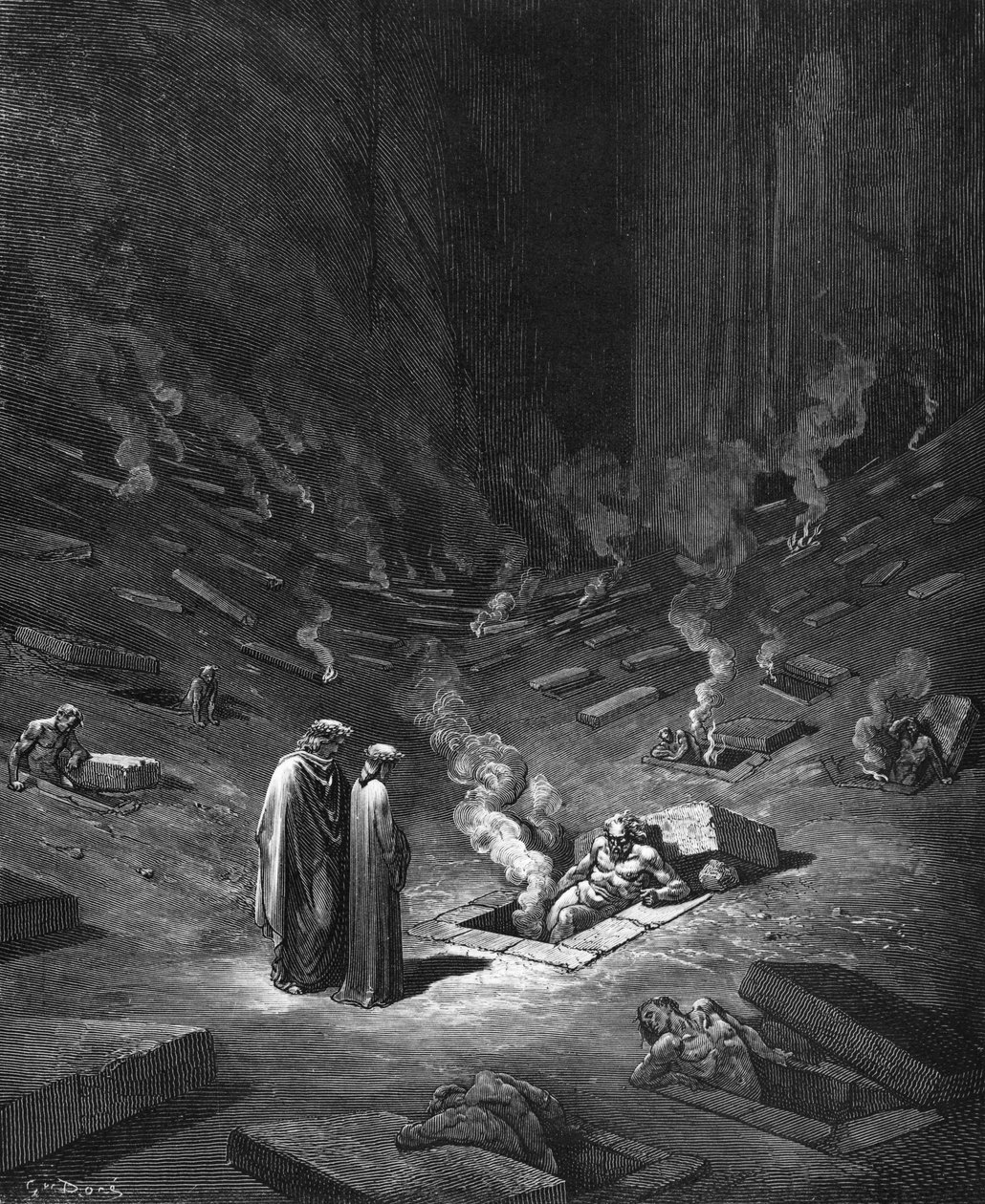 Heresiarchs ، رسم توضيحي من "الكوميديا الإلهية" (الجحيم) لدانتي أليغييري (1265-1321) باريس ، تم نشره عام 1885 بواسطة غوستاف دور