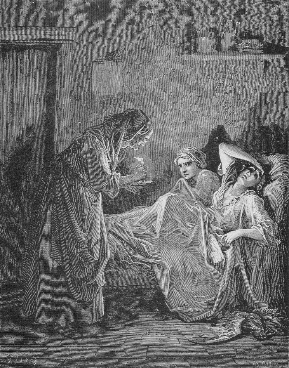 رسم توضيحي للمرأة العجوز والخادمتين ، من "خرافات" لجان دي لافونتين (1621-1695) بواسطة غوستاف دور