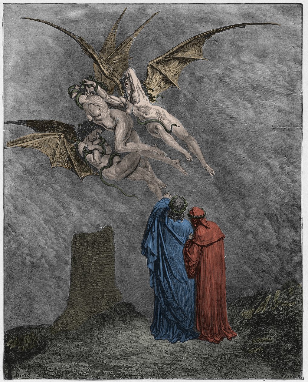 جحيم ، كانتو 9: Erinyes البشعة: Megaera ، Tisiphone ، Alecto بواسطة غوستاف دور