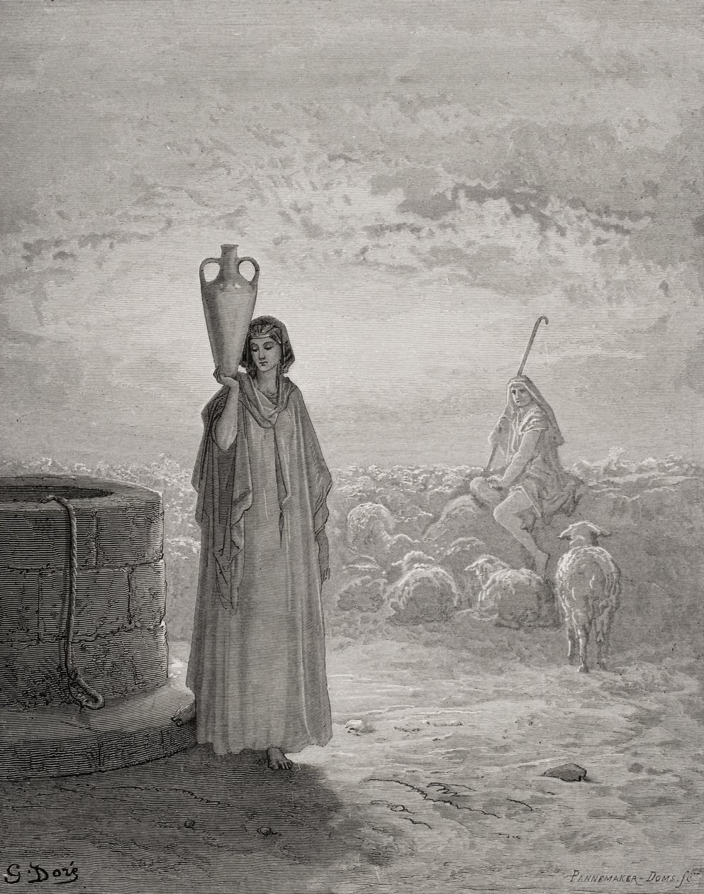 يعقوب إبقاء قطيع لابان ، رسم توضيحي من "الكتاب المقدس" لدور ، منقوش بواسطة Pannemaker ، 1866 بواسطة غوستاف دور