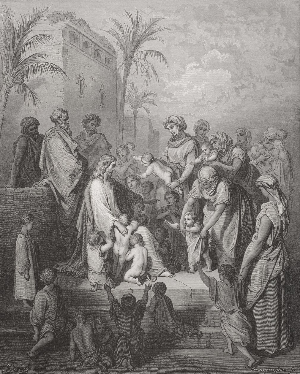 يسوع نعمة الأطفال ، صورة توضيحية من "الكتاب المقدس" لدور ، منقوش بواسطة Pannemaker ، 1866 بواسطة غوستاف دور