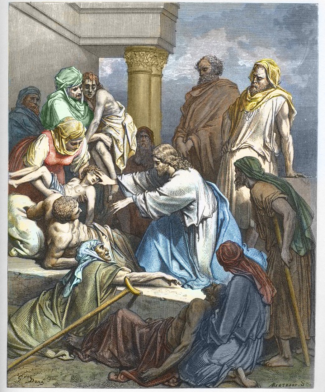 يسوع Guerit les malades - يسوع يشفي المرضى - نقش في "" The Bible illustree "بقلم Gustave Dore (1832-1883) - نقش من" "The Dore Bible" بواسطة غوستاف دور