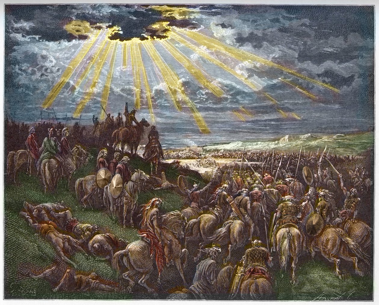 جوشوا يأمر الشمس بالوقوف ساكنة - Josue arrete le Soleil - نقش في "The Bible illustree" بقلم غوستاف دوري (1832-1883) - نقش من "" الكتاب المقدس دوري " بواسطة غوستاف دور