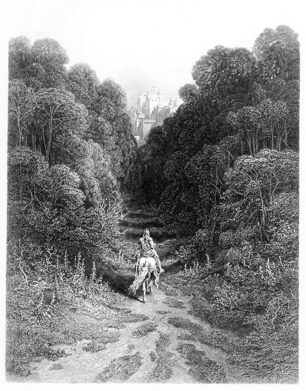 لانسلوت يقترب من القلعة في Astolat ، التوضيح من "Idylls of the King" بواسطة ألفريد تينيسون (ليثو) بواسطة غوستاف دور