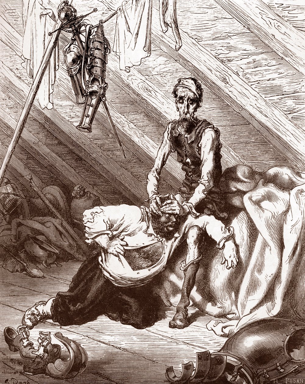 الآثار السيئة لإكسير Fierabras (الآثار السيئة للدواء الذي كان يشفي كدمات سانشو) نقش بواسطة Gustave Dore (1832-1883) لـ "L