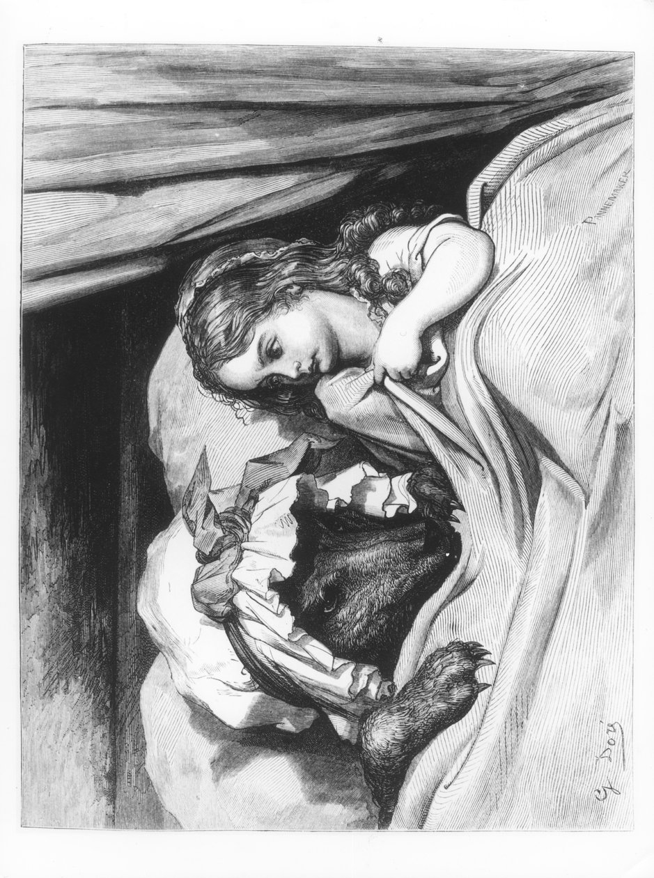 الرداء الأحمر والذئب "، رسم توضيحي من" Les Contes de Perrault "، منقوش بواسطة Pannemaker ، نشره J.Hetzel ، 1862 بواسطة غوستاف دور