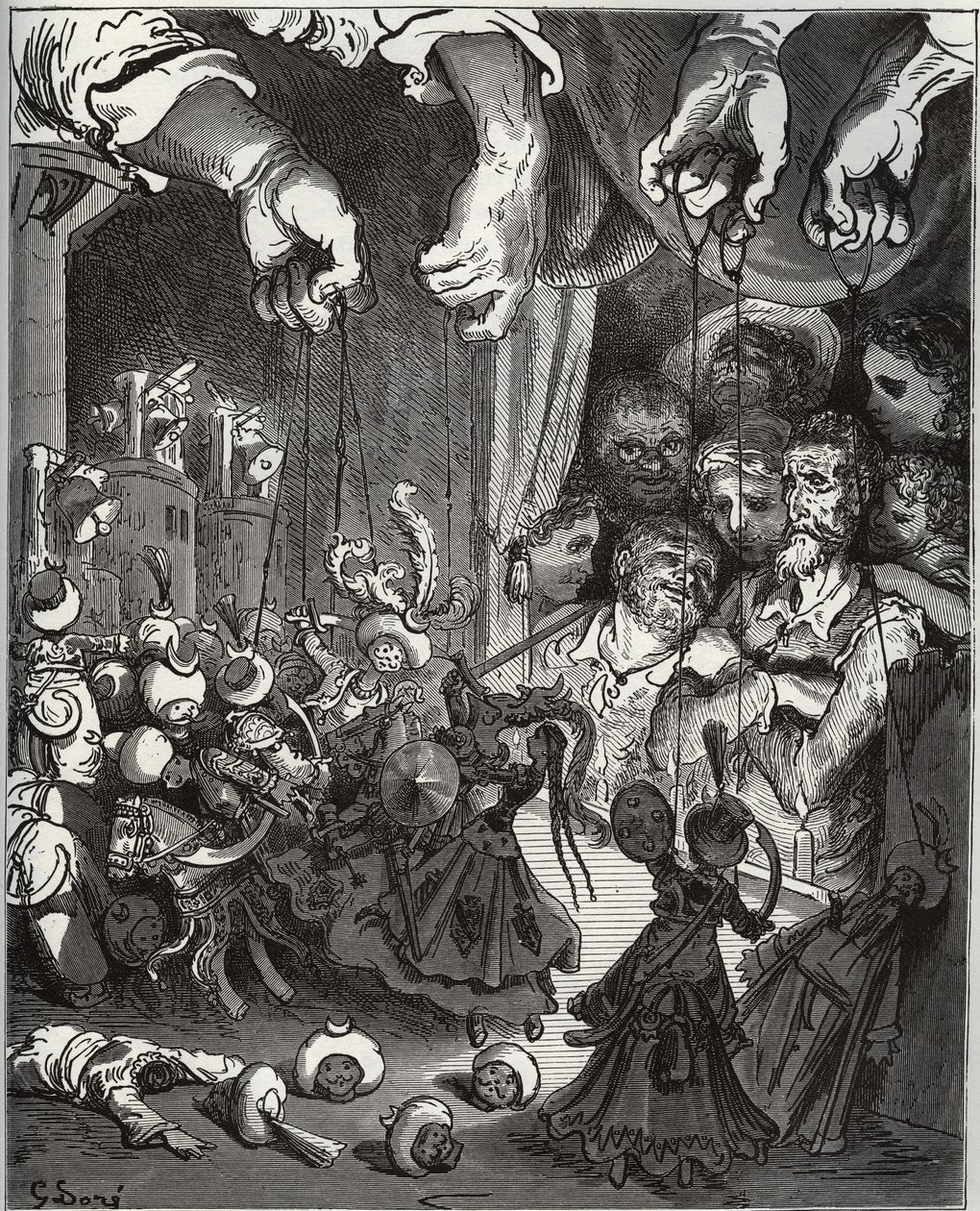 عرض الدمى Maese Pedro - من "Don Quixote de la Mancha" لميغيل سيرفانتس (1547-1616) (دون كيشوت) - نقش خشبي بعد رسم غوستاف دوري بواسطة غوستاف دور
