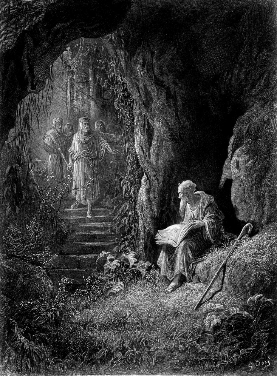 اكتشف ضباط الملك آرثر Merlin في غابة Broceliande (Cycle des chevaliers de la Table Ronde) - في "" Viviane "بواسطة ألفريد تينيسون ، رسم إيضاحي لـ G. بواسطة غوستاف دور