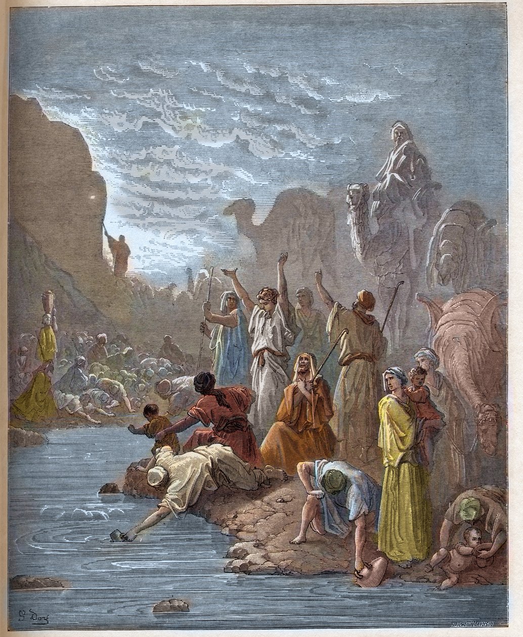 يجلب موسى الماء من الصخرة - Moise fait l'eau du rock، dans le desert - كتاب الخروج (الكتاب المقدس) - نقش في "" The Bible illustree "بقلم Gustave Dore (1832-1883) - نقش من" "The الكتاب المقدس دوري "" بواسطة غوستاف دور