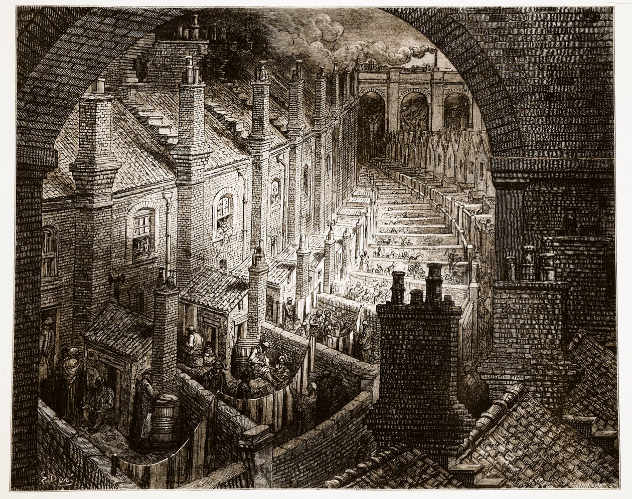 فوق لندن - بالسكك الحديدية ، من "لندن ، رحلة حج" ، كتبها ويليام بلانشارد جيرولد (1826-1894) دون نقش من قبل Pannemaker ، حانة. 1872 بواسطة غوستاف دور