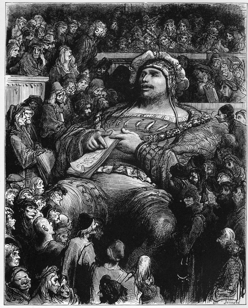 بانتاجرويل يختبر معنوياته ضد العلماء الباريسيين - رسم توضيحي من "Gargantua and Pantagruel" بقلم فرانسوا رابليه - نقش لغوستاف دوري (1832-1883) بواسطة غوستاف دور