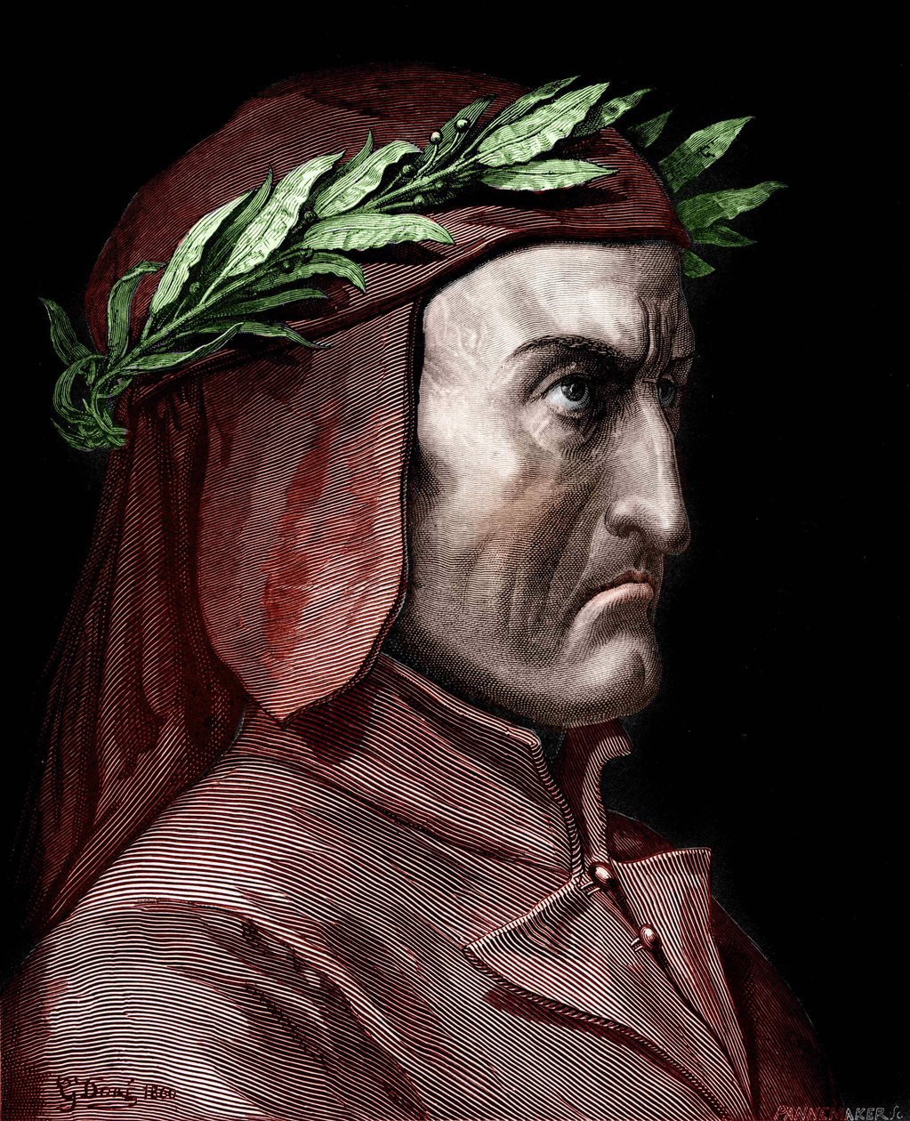 صورة لدانتي أليغيري (1265-1321) ، كاتب إيطالي. نقش لجوستاف دوريه من عام 1860. بواسطة غوستاف دور