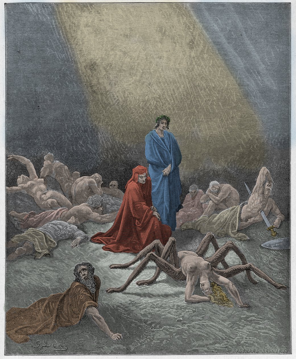 Purgatorio ، كانتو 12: يطل دانتي على روح آراكن ، التوضيح من "الكوميديا الإلهية" لدانتي أليغييري ، 1885 بواسطة غوستاف دور