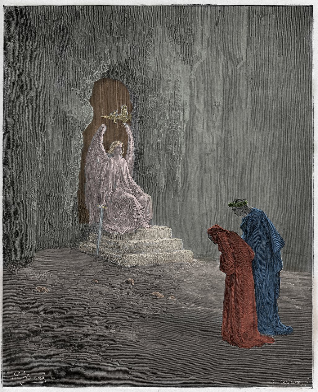 Purgatorio ، كانتو 9: دانتي وفيرجيل في بوابات المطهر ، توضيح من "الكوميديا الإلهية" لدانتي أليغييري ، 1885 بواسطة غوستاف دور