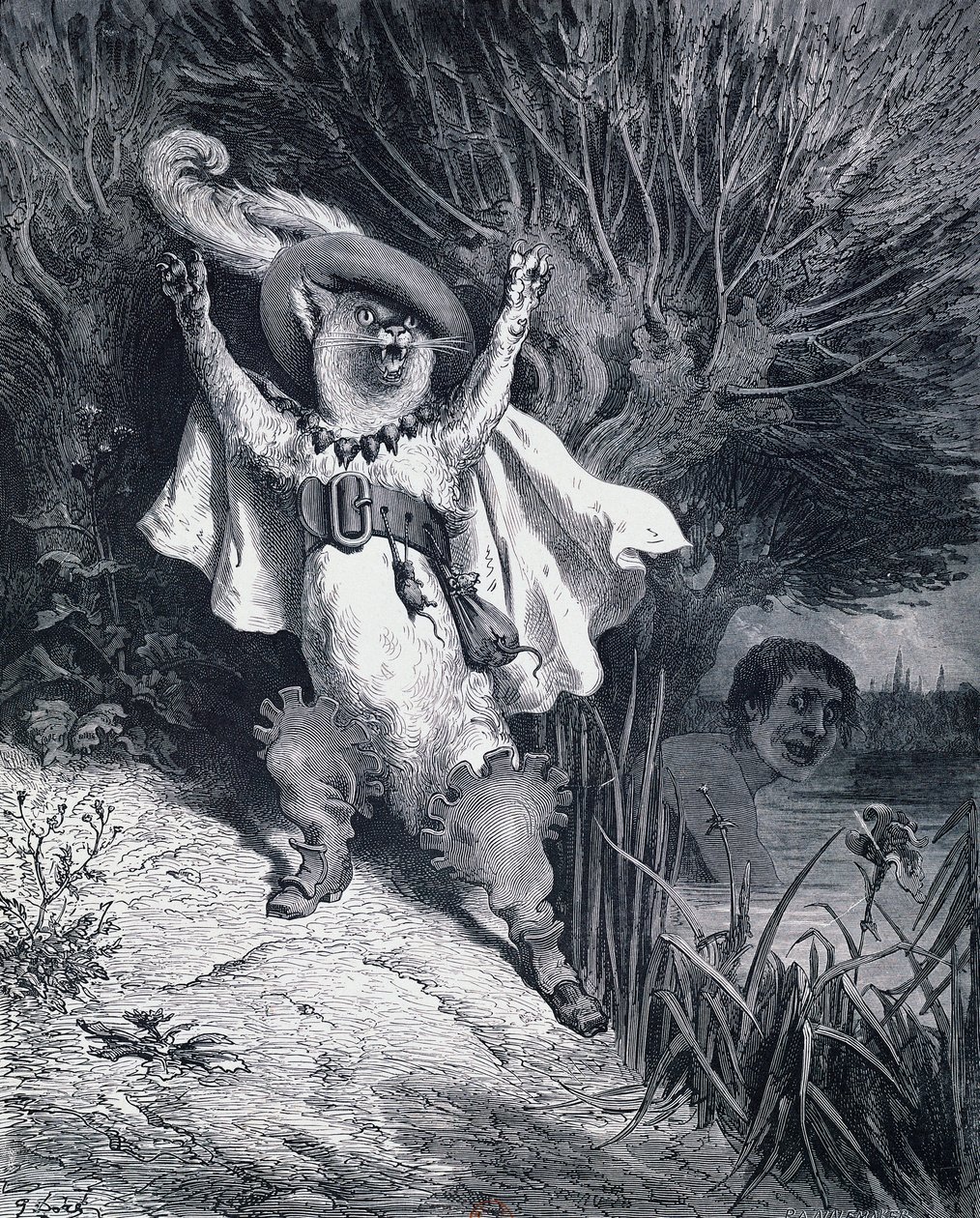 Puss in Boots ، رسم توضيحي لغوستاف دوري (1832-1883) للحكاية الخيالية من تأليف تشارلز بيرولت (1628-1703) بواسطة غوستاف دور