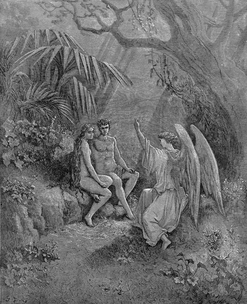 يتحدث رافائيل إلى آدم وحواء. رسم توضيحي لجون ميلتونس بارادايس لوست ، 1866 بواسطة غوستاف دور