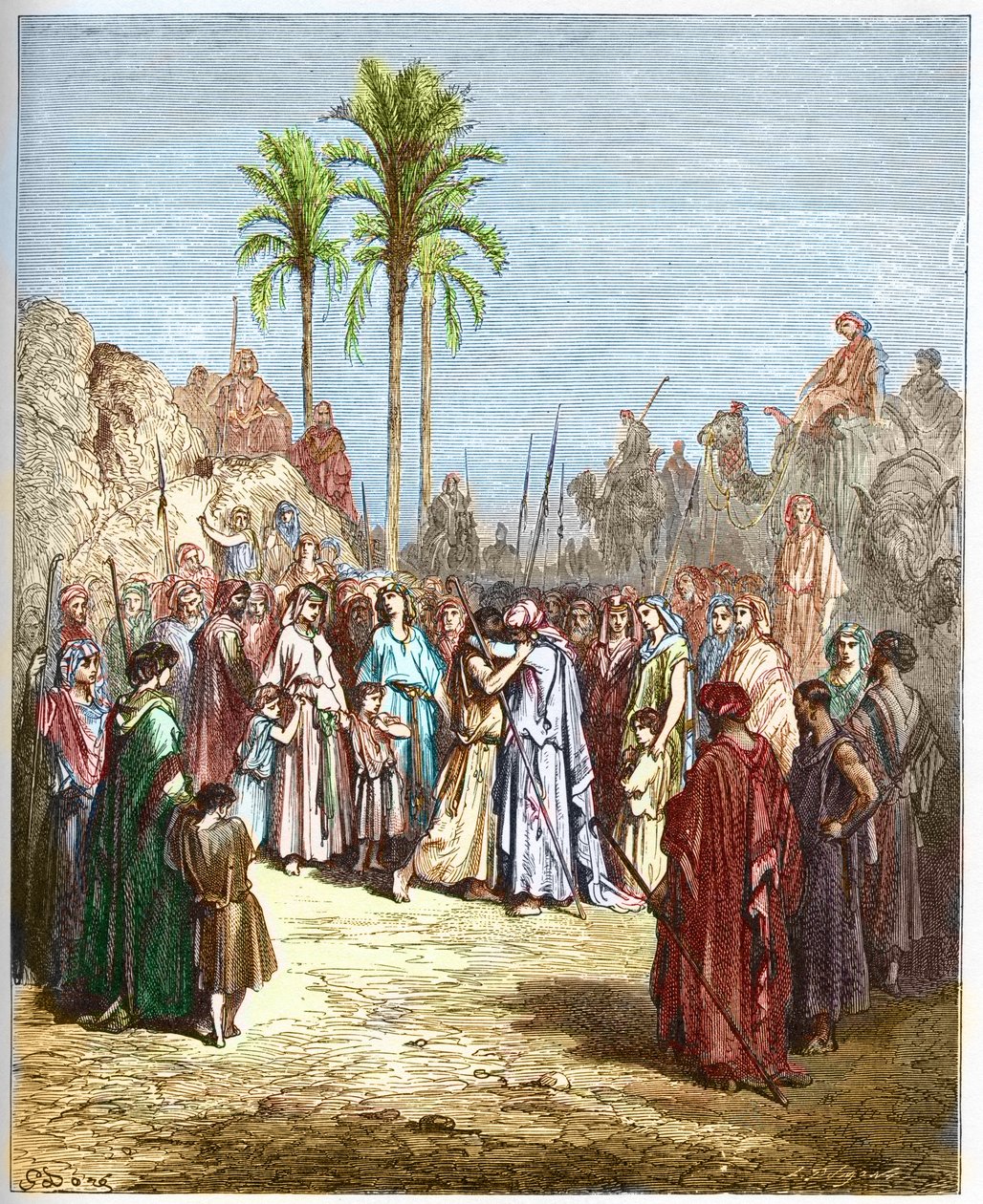 المصالحة بين يعقوب وعيسو - مصالحة يعقوب وعيسو جينيس ، الثالث والثلاثون ، 4 - - نقش من "" إنجيل الإنجيل "بقلم غوستاف دوري (1832-1883) - نقش من" "الكتاب المقدس دوري" بواسطة غوستاف دور