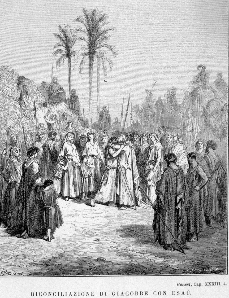 مصالحة يعقوب وعيسو. سفر التكوين ، الثالث والثلاثون ، 4. رسم توضيحي لغوستاف دوريه. بواسطة غوستاف دور