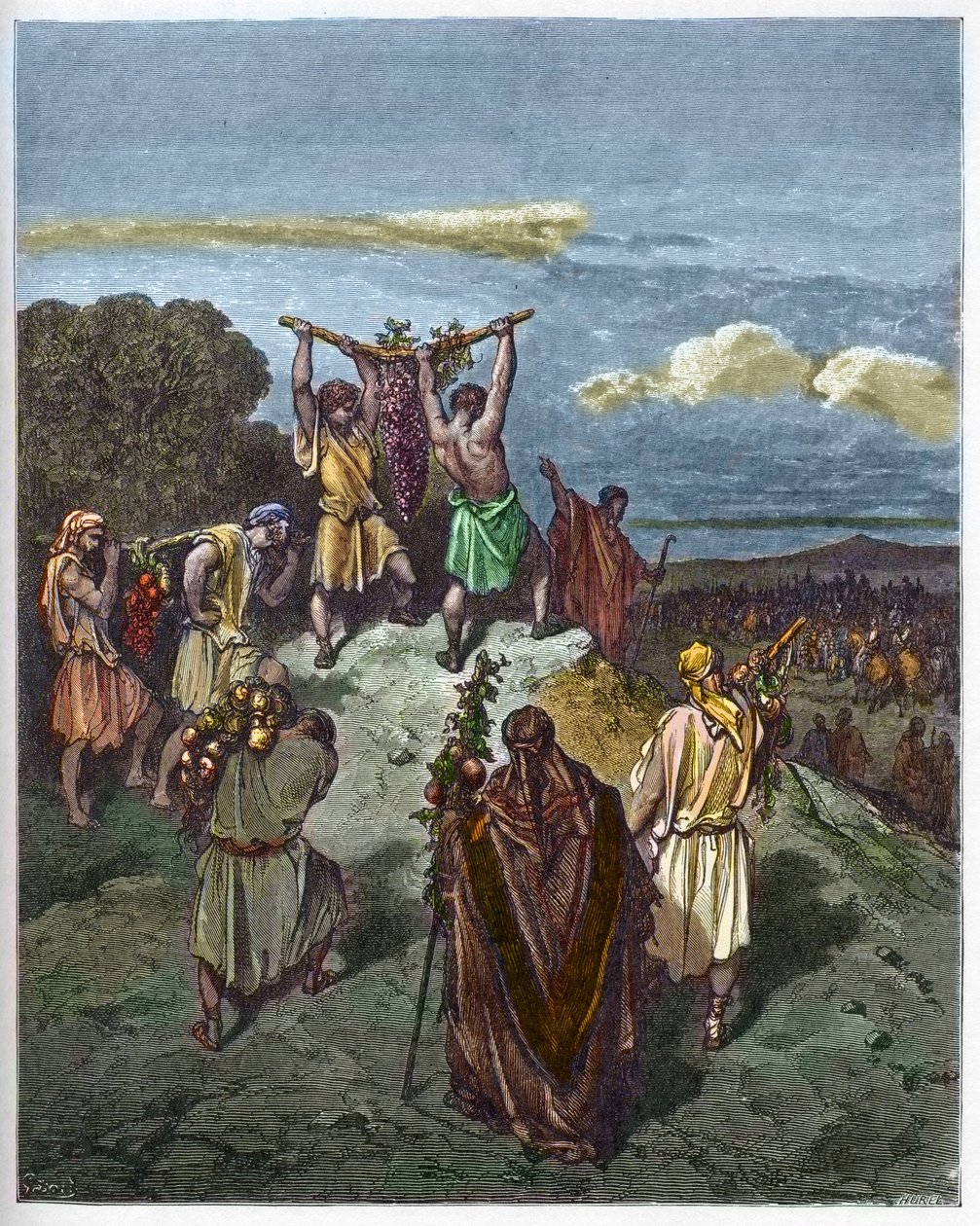 العودة من أرض كنعان - عودة جوزويه وكالب مع مجموعة كبيرة من العنب من أرض كنعان (أرض الموعد) - نقش في "إنجيل إنستاريز" لغوستاف دوري (1832-1883) - نقش من "" الكتاب المقدس دوري "" بواسطة غوستاف دور