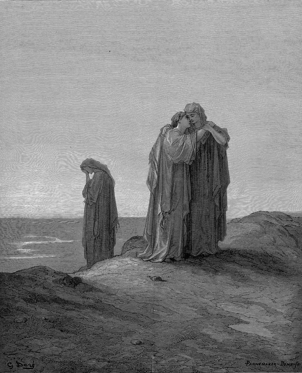 روث تحتضن حماتها نعومي واعدة البقاء معها الآن ثكلى ، 1866 بواسطة غوستاف دور