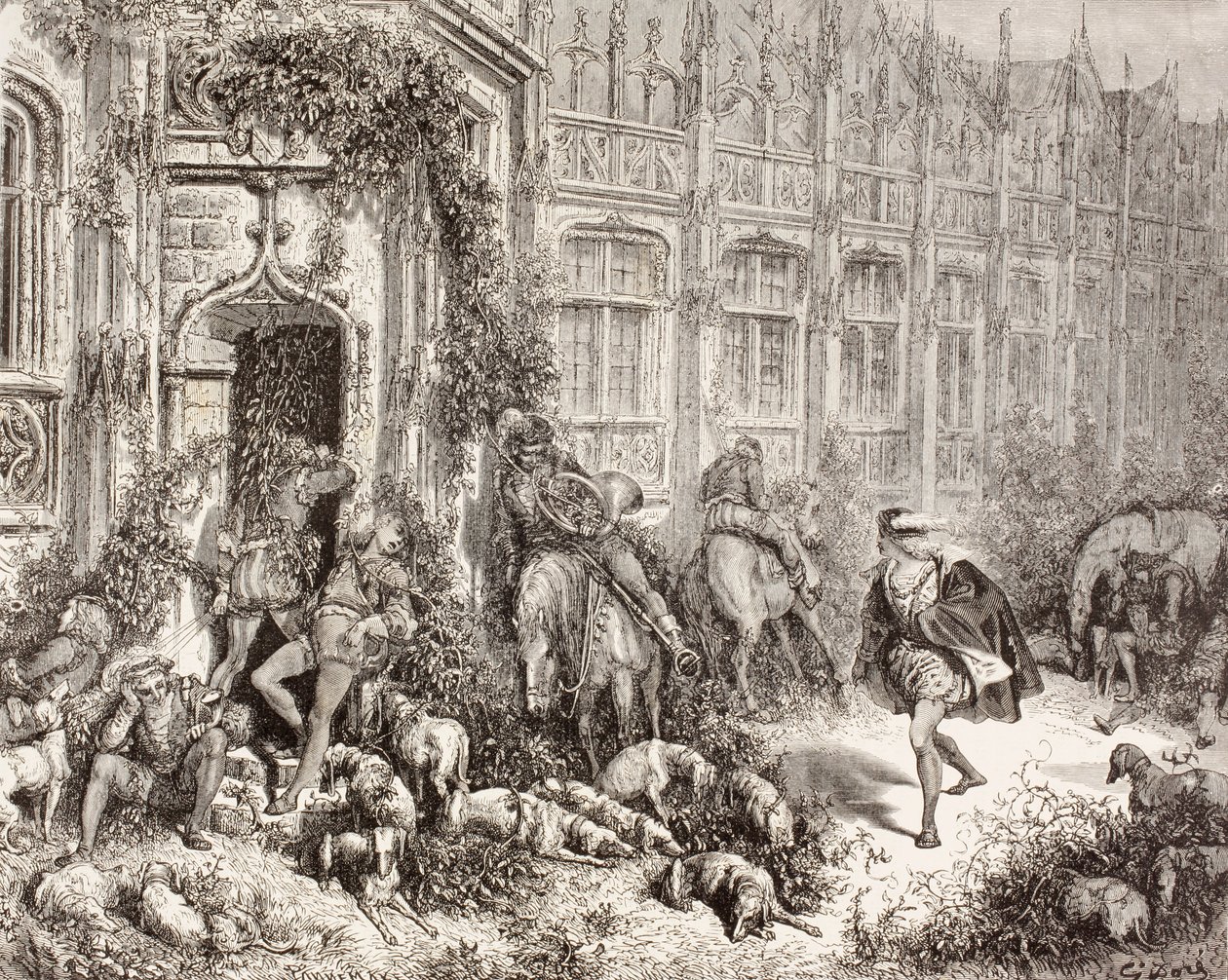 مشهد من فيلم الجميلة النائمة لتشارلز بيرولت. من El Mundo Ilustrado، نُشر في برشلونة، حوالي عام 1880. بواسطة غوستاف دور